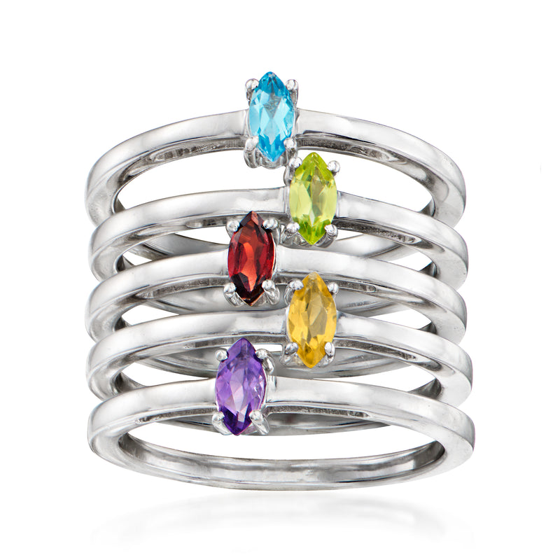 Sterling silver five-ring set with oval blue, green, red, yellow, and purple gemstones
