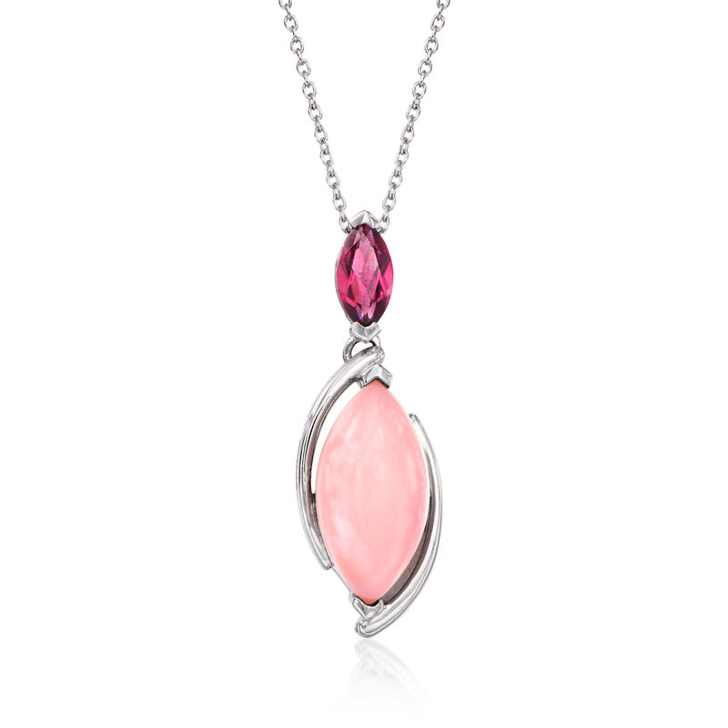 Sterling silver pendant necklace with pink oval opal and faceted magenta gem