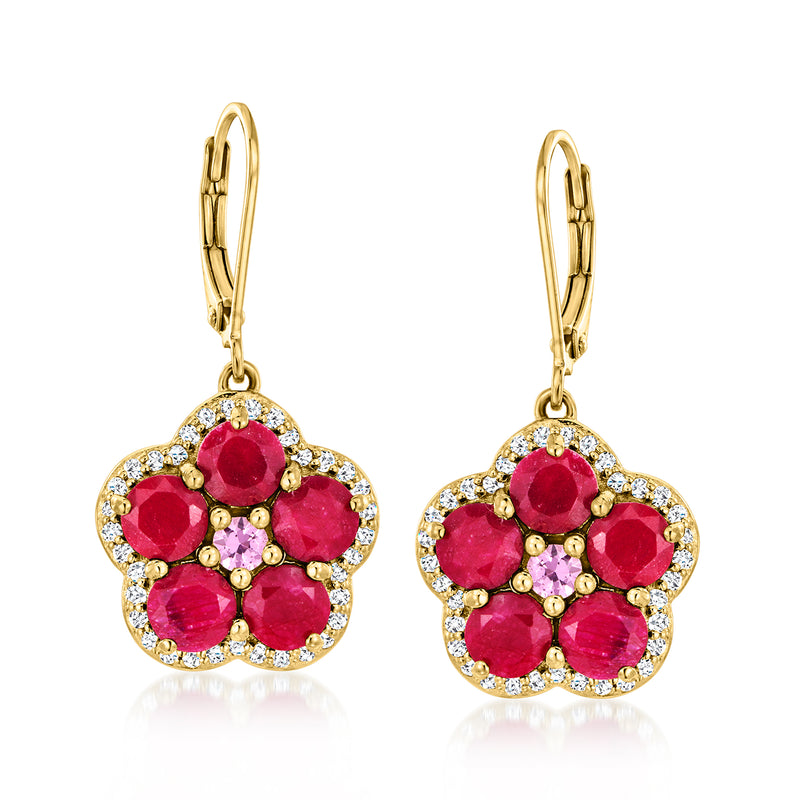 18kt gold over sterling flower drop leverback earrings with ruby, pink sapphire, and white topaz