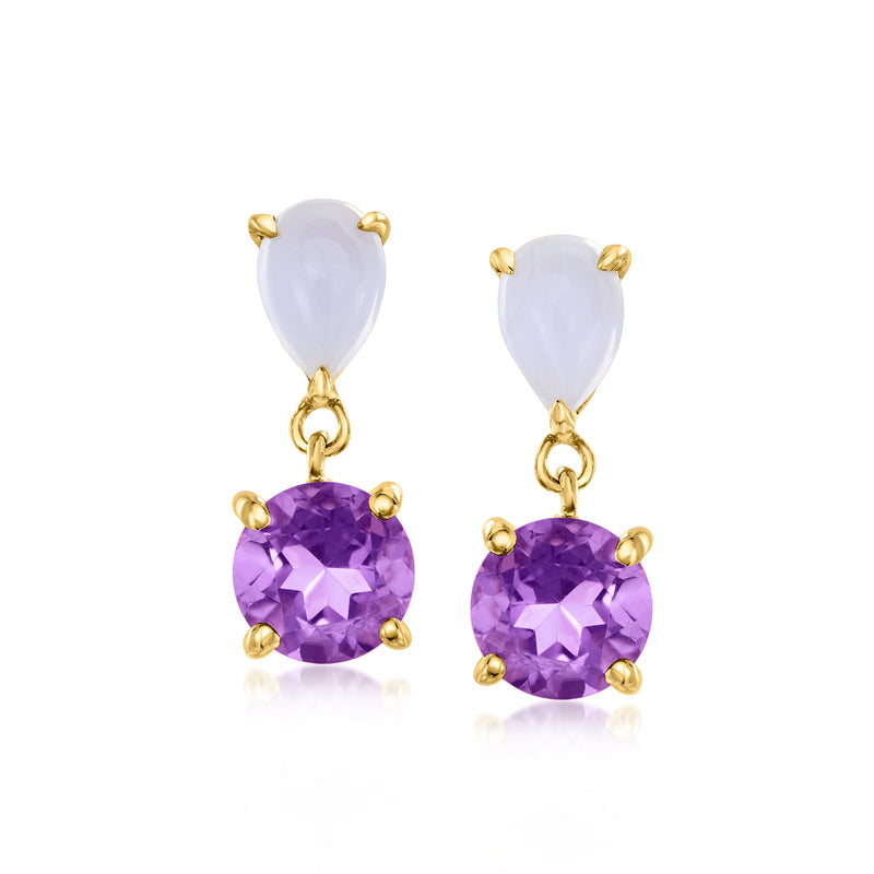 Gold-tone drop earrings with purple amethyst oval stones and pale blue agate tops
