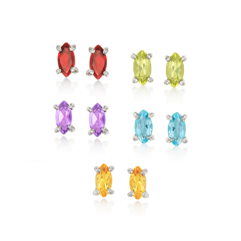 Sterling silver stud earring set, five pairs with red, green, purple, blue, yellow gems