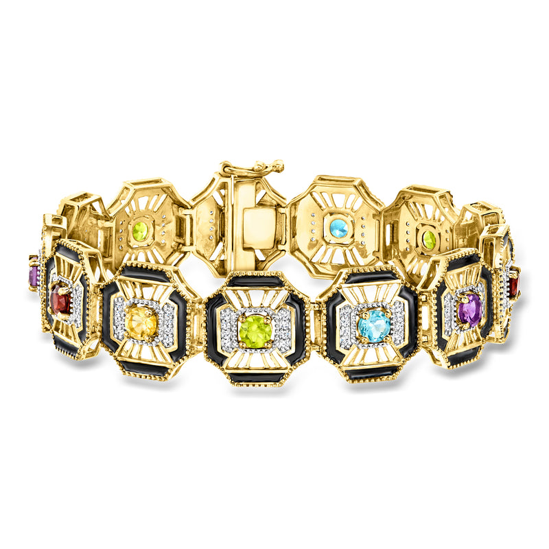 Gold-tone multi-gem bracelet with black enamel and octagon gemstone settings