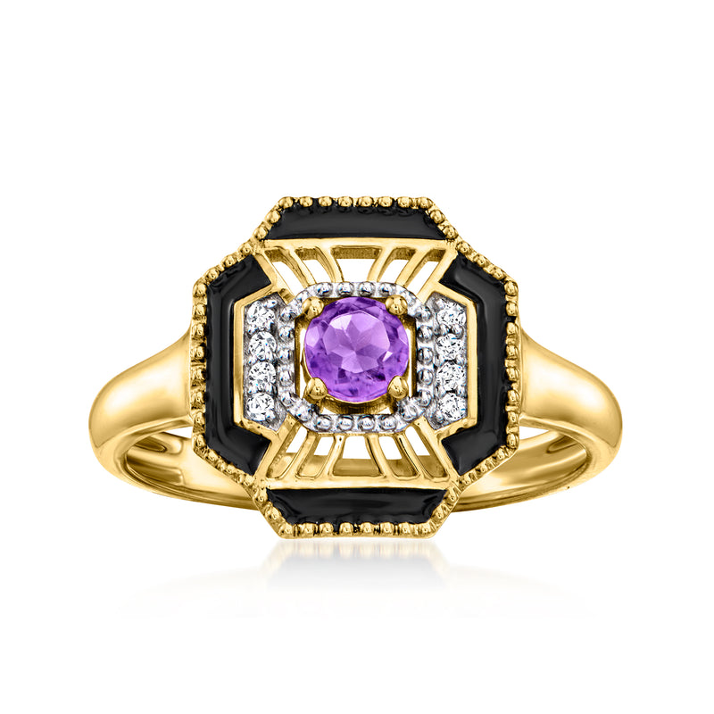Gold over sterling ring with oval amethyst center, black enamel frame, white topaz side stones