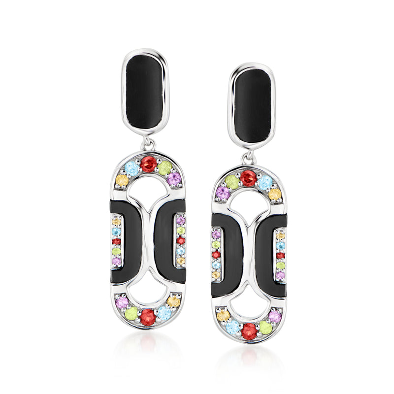 Sterling silver drop earrings with black enamel and oval multicolor gem in art deco frame