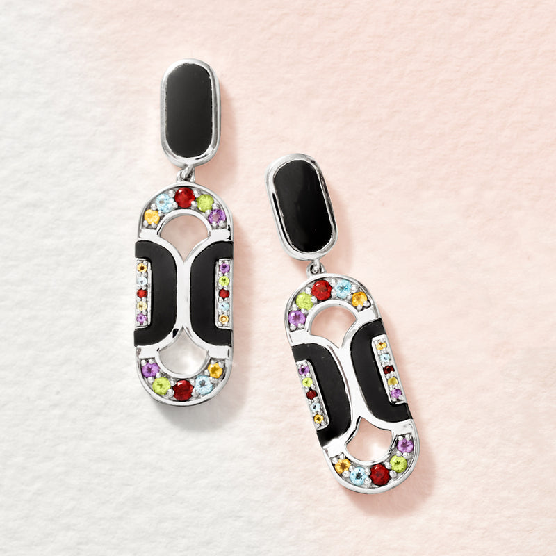 Sterling silver drop earrings, teardrop link with black enamel and rainbow gemstone bezels
