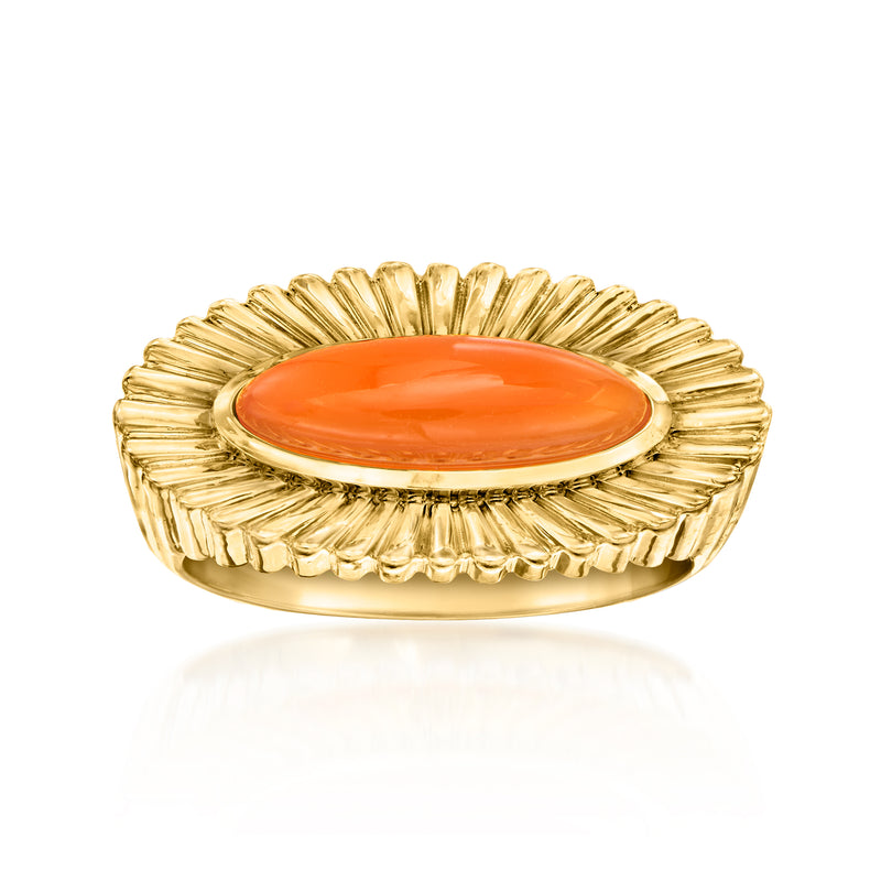 Carnelian oval ring in gold scalloped setting, oval orange-red stone
