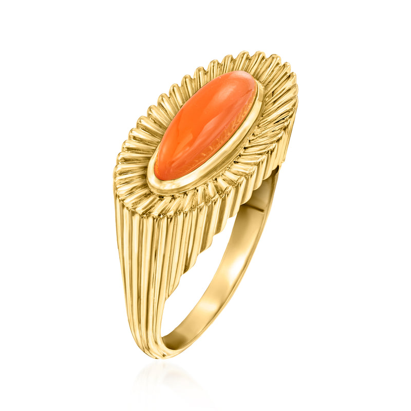 Gold band ring with ribbed oval setting and orange carnelian cabochon