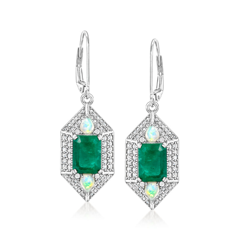 Sterling silver leverback drop earrings with green square gemstone and zircon accents