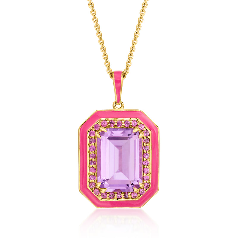 Gold over sterling pendant necklace with octagon pink enamel and purple gemstone