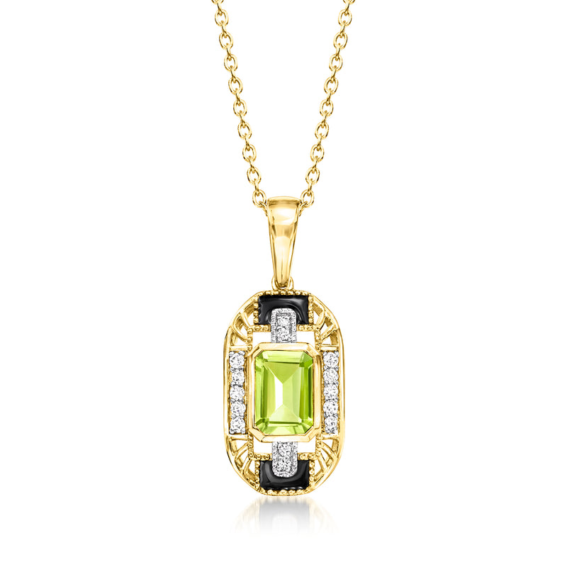 Gold-tone pendant necklace with green square-cut gemstone, white accents, black enamel frame