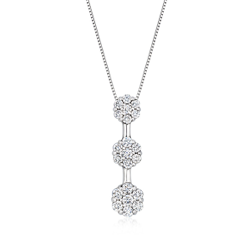 Vintage white gold diamond three-cluster journey pendant necklace with three round clusters