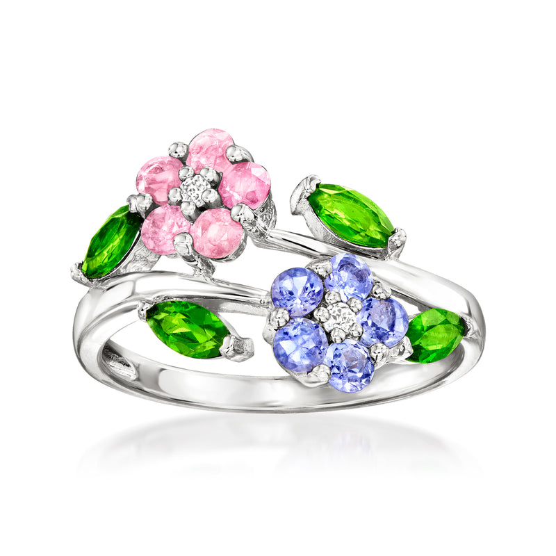Sterling silver multi-gem flower ring with pink, blue, and green gemstones