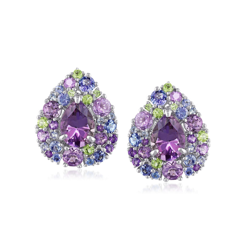 Sterling silver teardrop gemstone stud earrings with purple, blue, and green stones