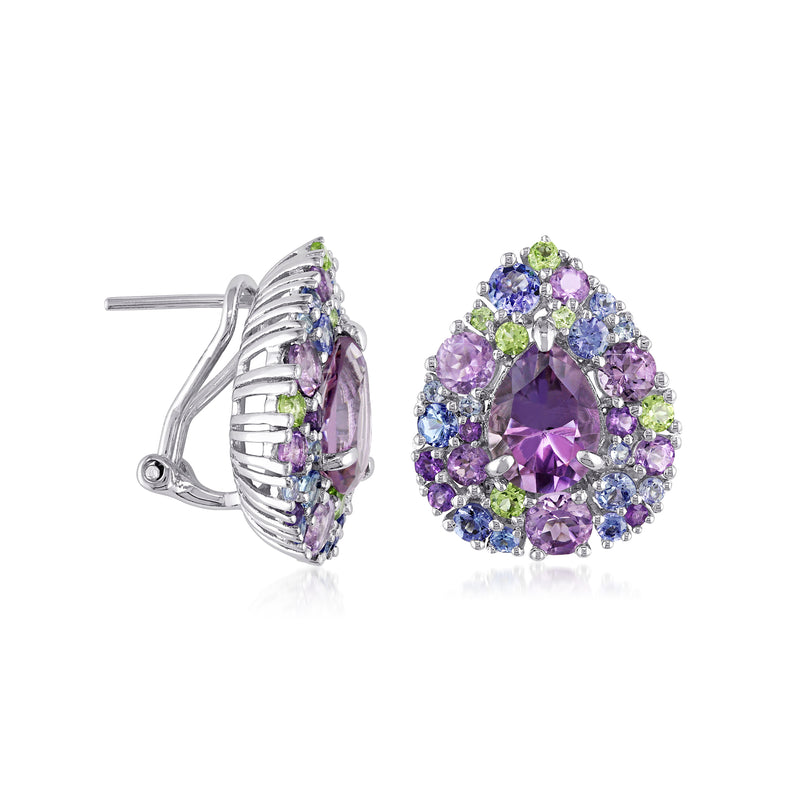 Sterling silver post earrings, side view of teardrop cluster with purple, blue, green gems
