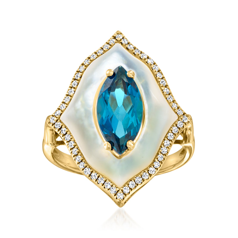 14kt yellow gold ring with London blue topaz center, mother-of-pearl frame, diamond halo