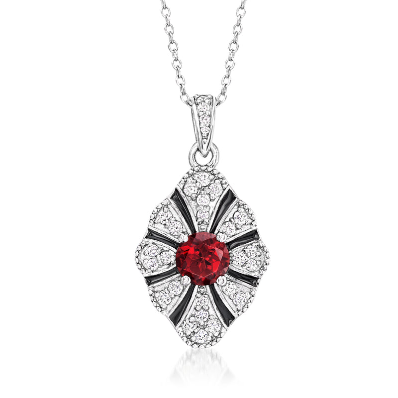 Sterling silver vintage pendant necklace with red garnet and black enamel accents