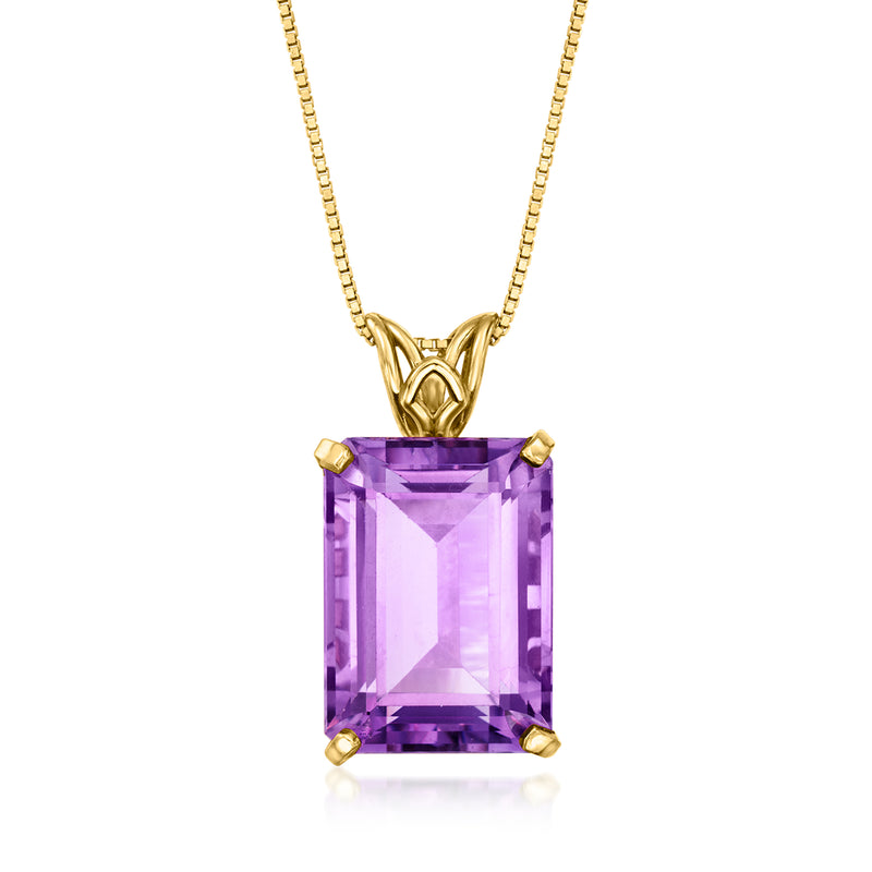 14kt yellow gold pendant necklace with rectangular purple amethyst stone