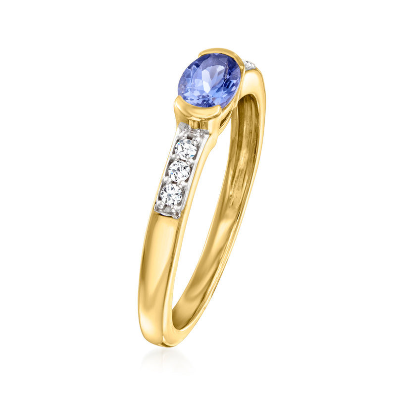 Gold oval blue gemstone ring with white zircon accents on the side