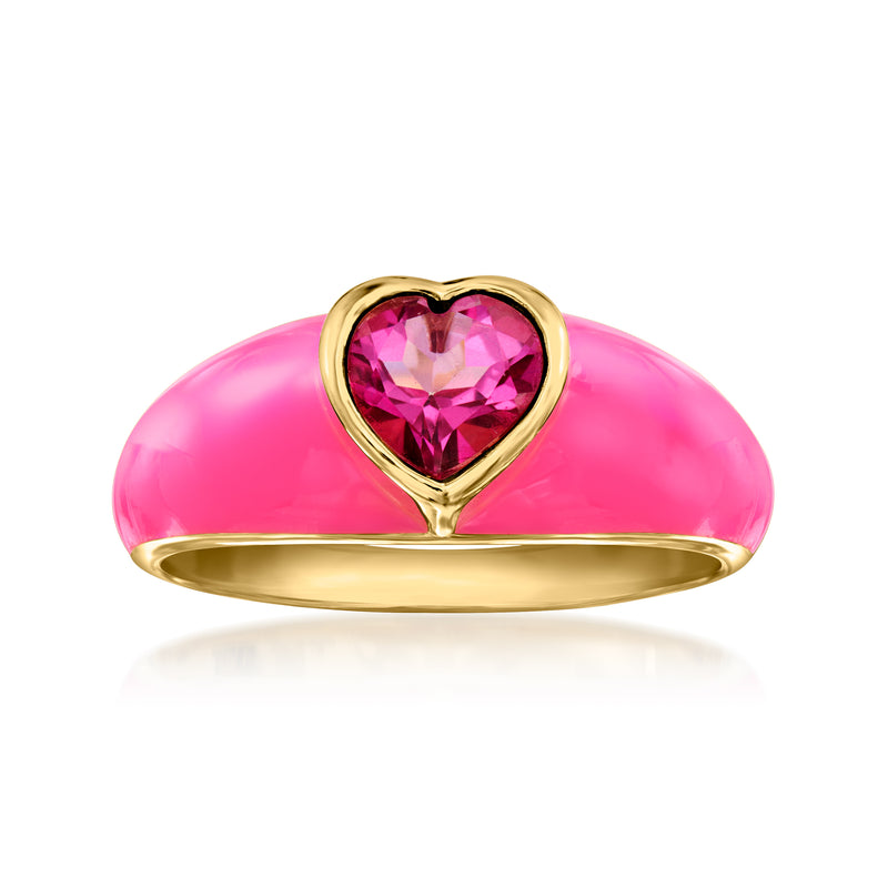 Pink enamel heart gemstone ring in 18kt gold over sterling, heart-shaped top