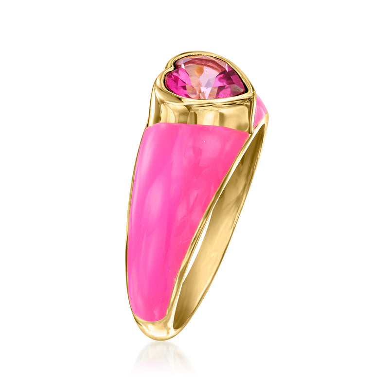 Heart-cut pink gemstone ring with pink enamel band, 18kt gold over sterling