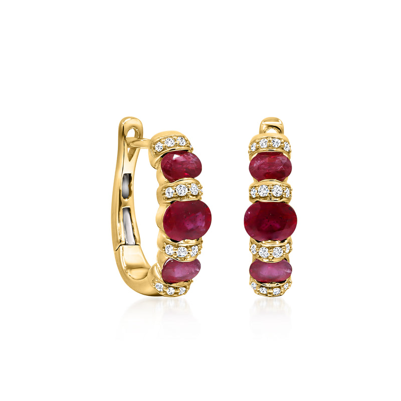 14kt yellow gold hoop earrings with ruby beads and small diamond accents