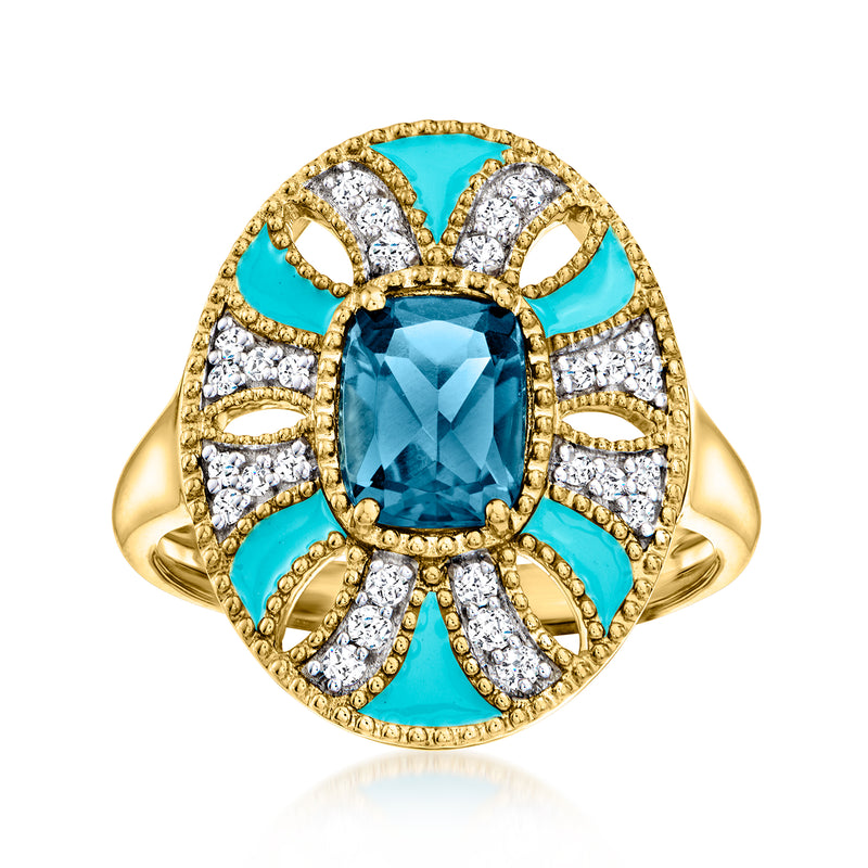 18kt gold over sterling ring with oval London blue topaz, white topaz stones, turquoise enamel
