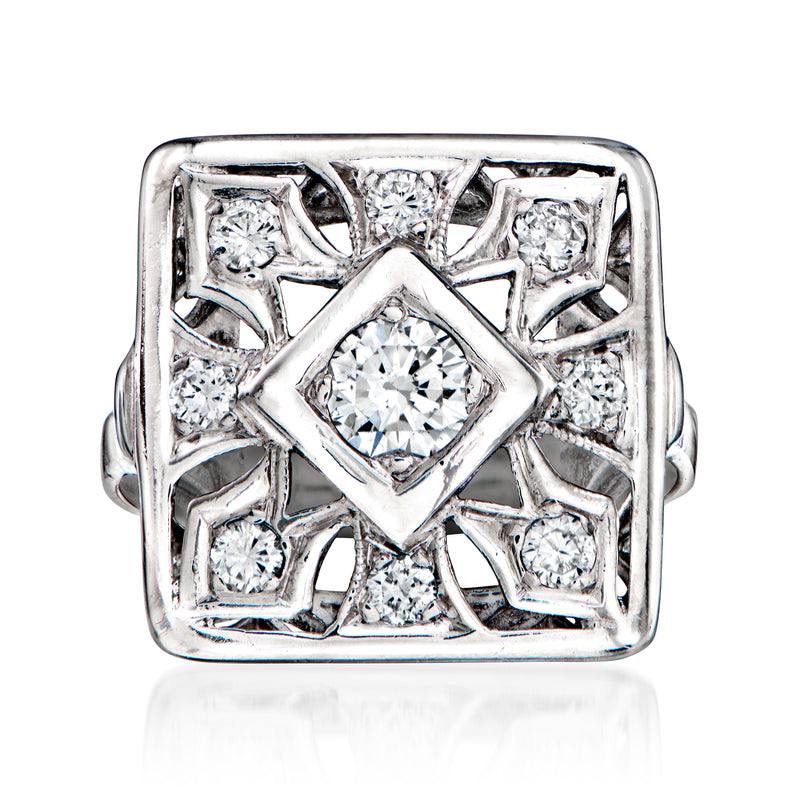 Square openwork diamond ring in 14kt white gold with center round stone