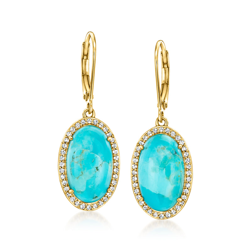 Gold leverback drop earrings with oval turquoise stones and white crystal halo