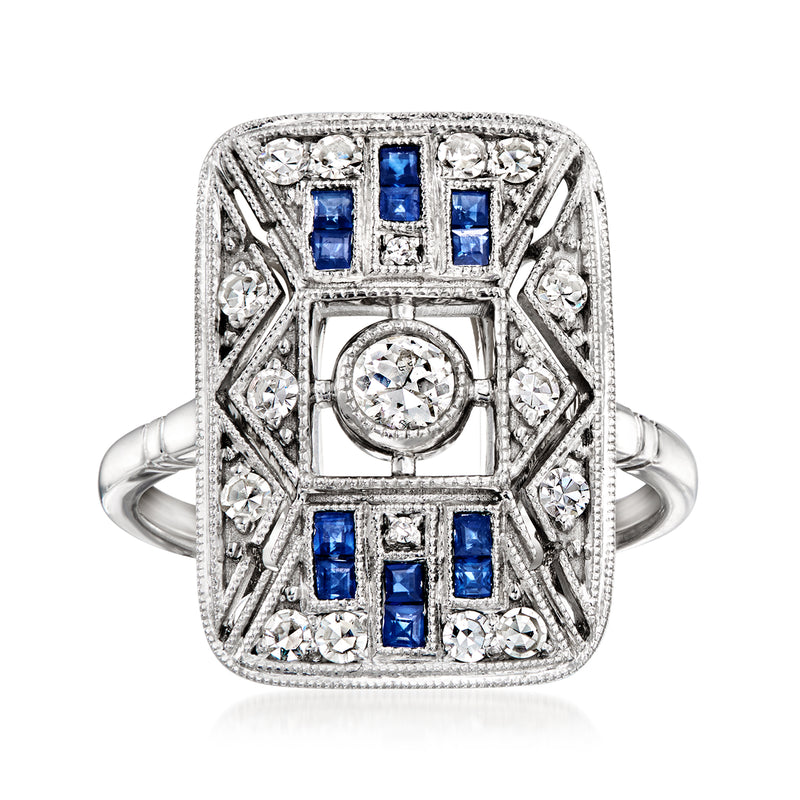 Vintage openwork platinum ring with square design, blue sapphire accents and diamond stones