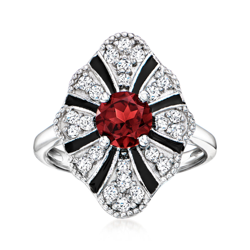 Sterling silver ring with red round center stone, white zircon halo, black enamel bands