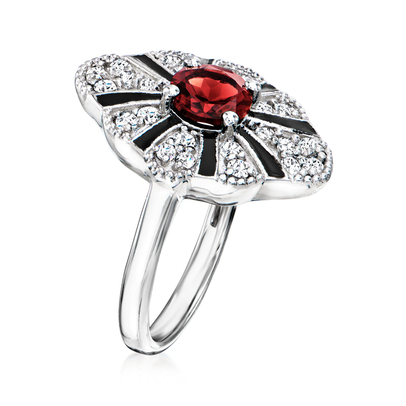 Sterling silver ring, side view with red center gemstone, white zircons, black enamel accents