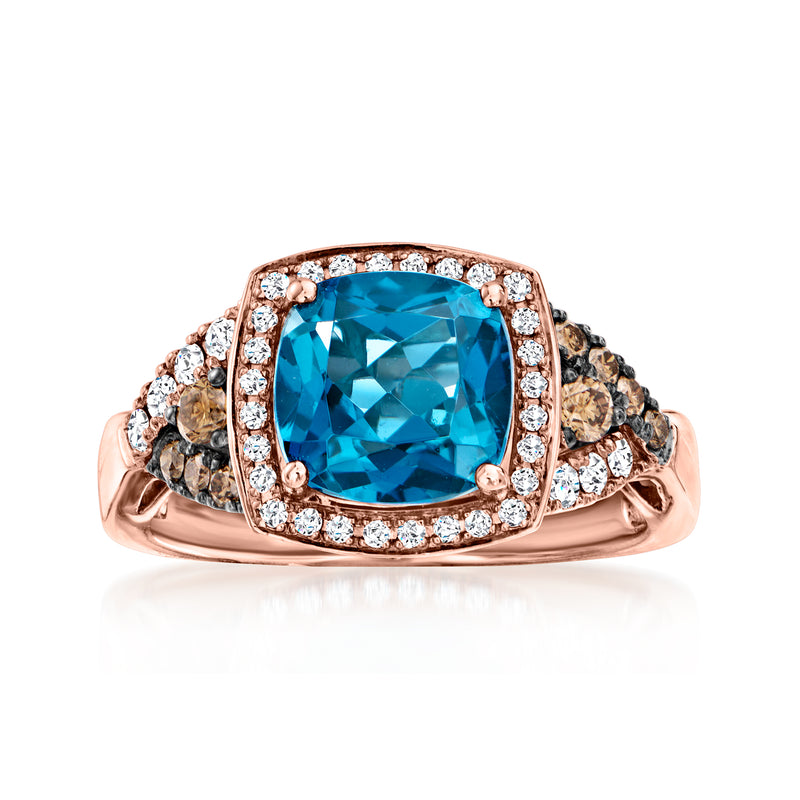 Le Vian ring with blue topaz, chocolate and vanilla diamonds in strawberry gold
