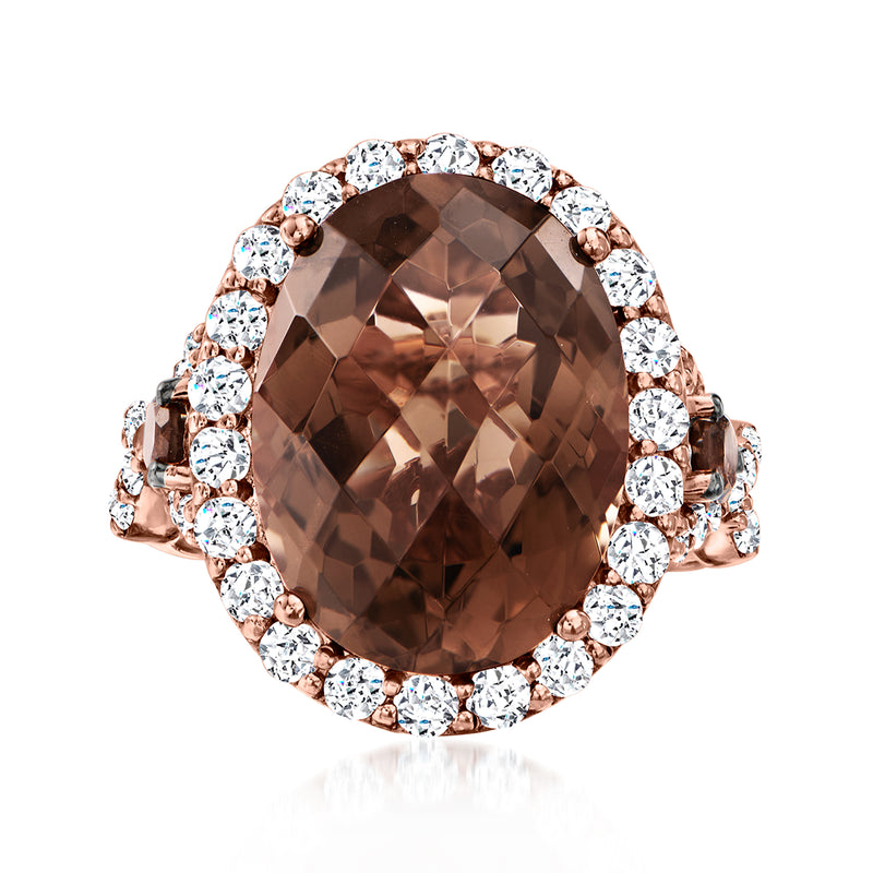 Le Vian oval chocolate quartz ring with rose-gold band and white stone halo