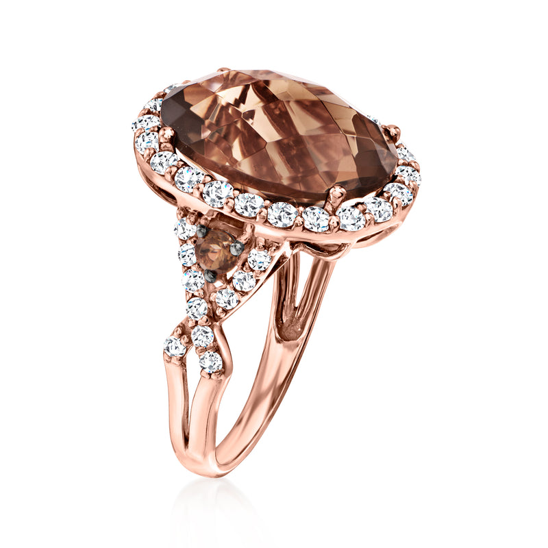 Le Vian side view: rose-gold ring with oval brown center stone and white halo