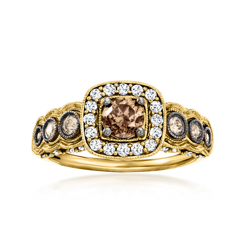 14kt honey gold ring with chocolate center diamond and white diamond halo