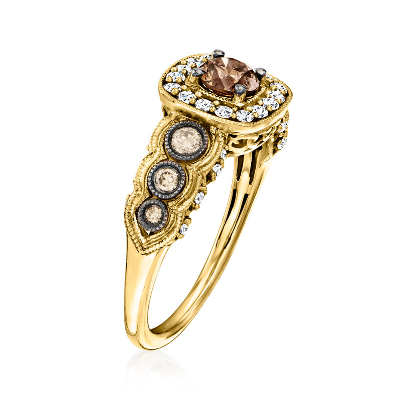 14kt honey gold ring side view with chocolate center stone and white diamonds