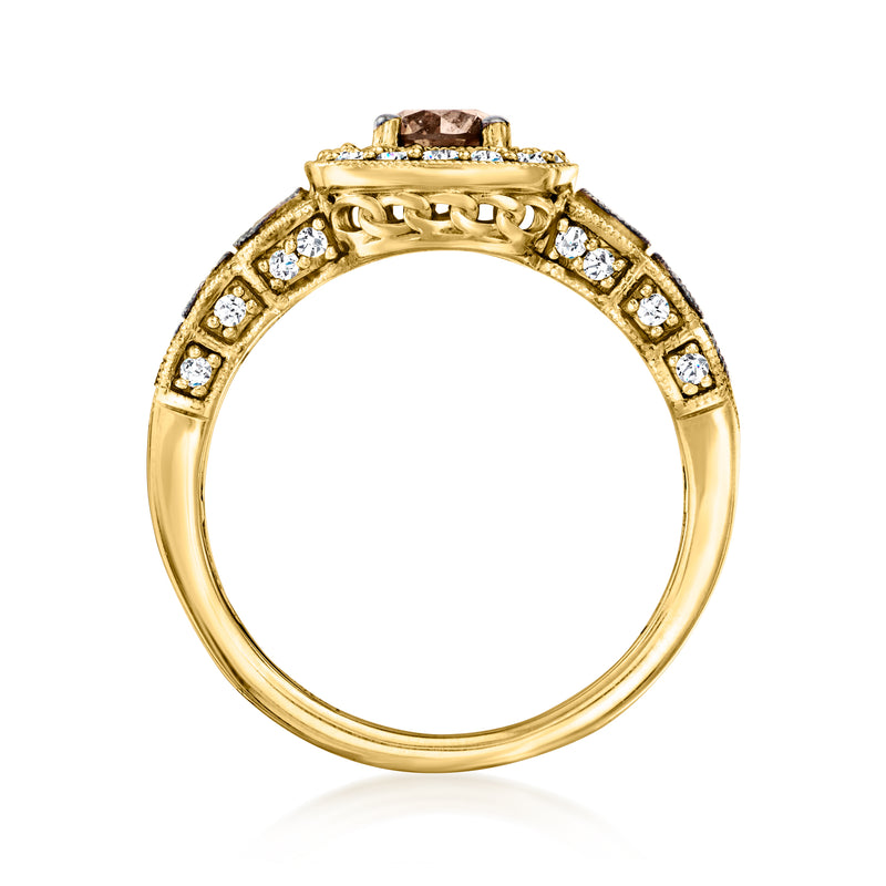 14kt honey gold ring top view with chocolate center diamond and white accents