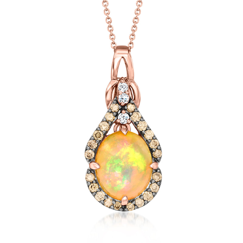 Teardrop opal pendant necklace in rose-gold tone with diamond halo and chain