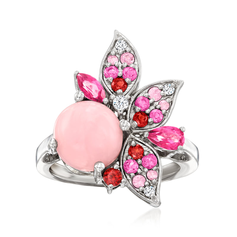 Sterling silver flower ring with large pink oval opal and pink-red gemstone petals