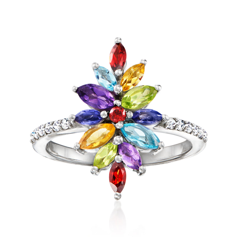 Sterling silver flower ring with multicolor marquise gemstones and pave band