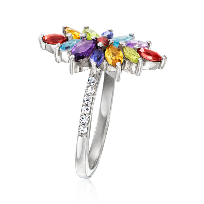 Sterling silver openwork flower ring with multicolor marquise stones and prong setting