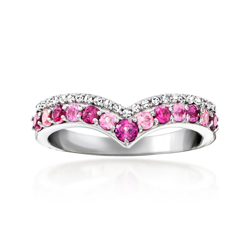 Sterling silver V-shaped ring with pink rhodolite and tourmaline gemstones