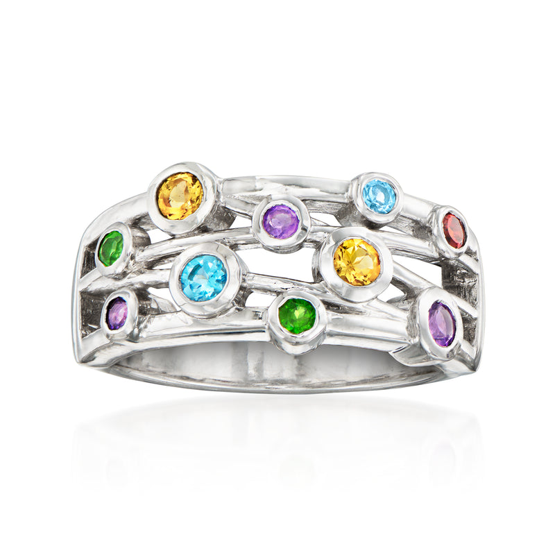 Sterling silver multi-gemstone ring with round yellow, blue, purple, and green stones