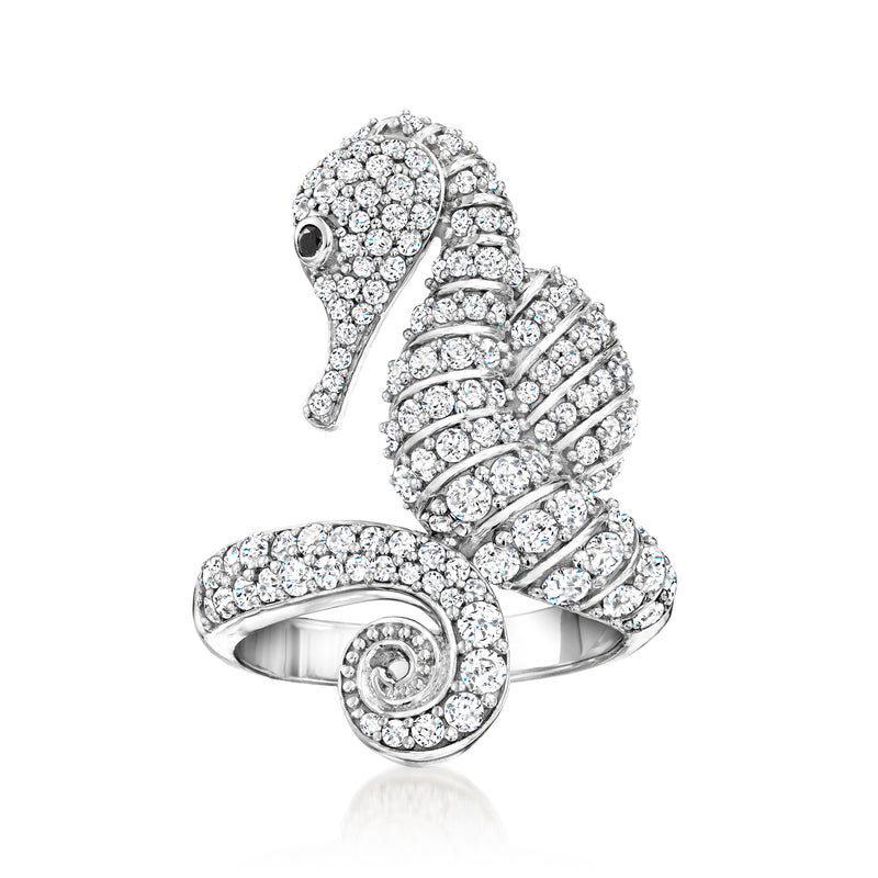 Sterling silver seahorse zircon ring with black spinel eye, prong-set sparkles
