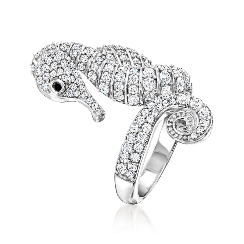 Sterling silver seahorse ring with white zircon and black spinel eye