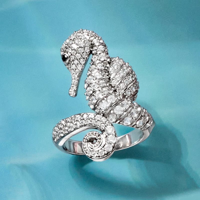 Sterling silver seahorse ring, stacked zircon bands with black spinel eye