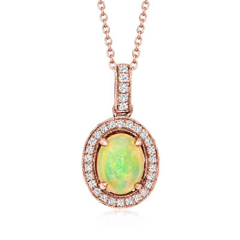 Opal pendant necklace with oval green opal, diamond halo, rose-gold chain