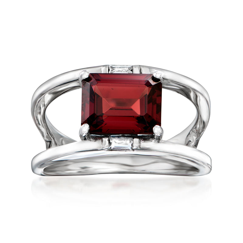 Sterling silver open-space ring with square red garnet and white topaz accents