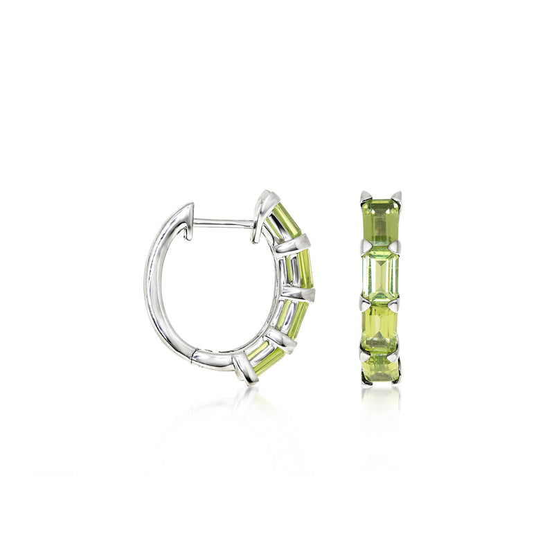 Sterling silver hoop earrings with baguette peridot green gemstones, hinged back