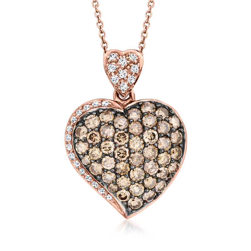 Heart diamond pendant necklace in rose-gold tone, clustered round stones in dark and light mix